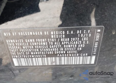 2019 Volkswagen Jetta S/Se/R-Line from USA, damaged, VIN 3VWC57BU2KM268276